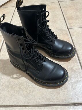 Dr. Martens Black Leather Combat Boots with Yellow Stitching